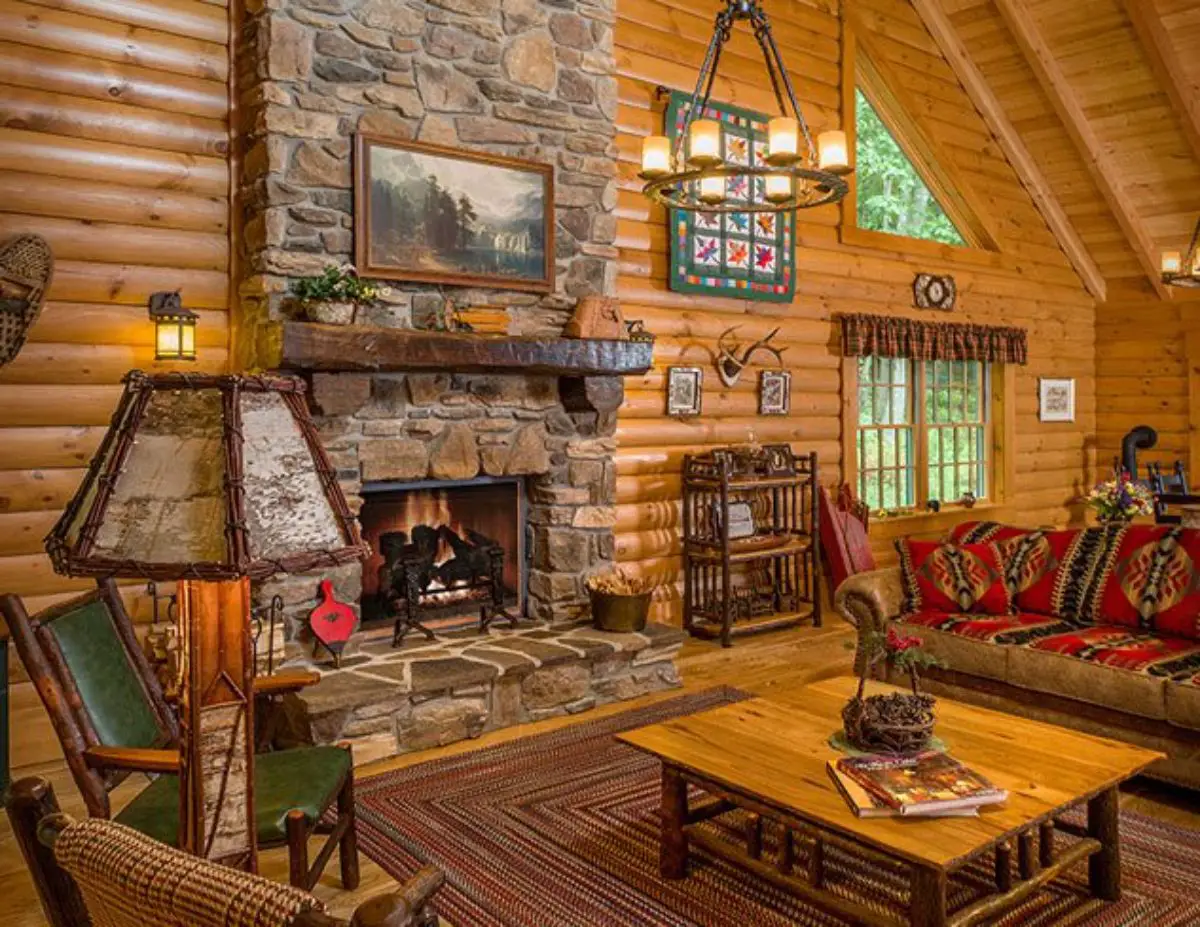 stone fireplace with log mantel against wall of living room